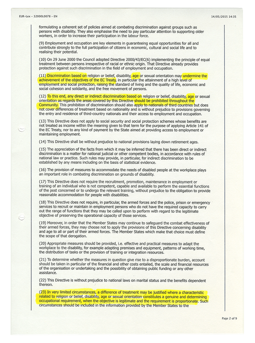 Scanned document. It states the rules on which the European Treaty is based. Highlighted with a marker are passages that deal with discrimination on basis of age.