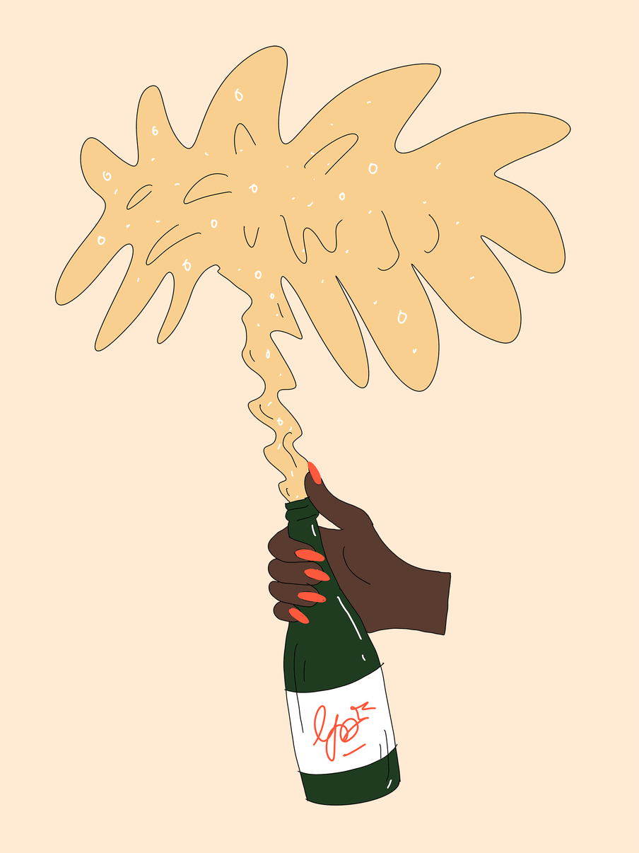 Illustration of a hand popping open a bottle of champagne