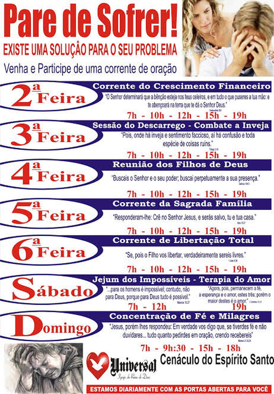 A pamphlet shared by a reader in Brazil, advertising a weekly prayer-cum-healing roster