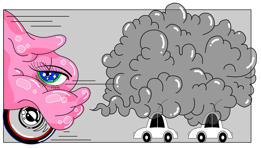 Illustration of a big, pink SUV with lots of smoke coming from it, covering small white cars behind it