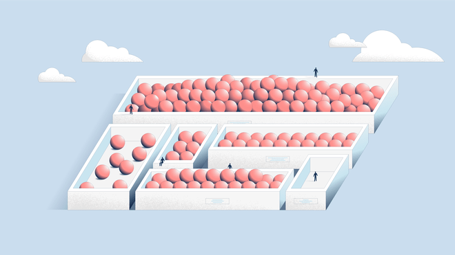 Illustration of six open boxes in various sizes filled with pinkish balls against a light-blue background. Some boxes are full, others only have a few balls or non. Small human-like figures sit on and stand next to the boxes. 