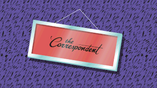 Purple background with black tiger print, motion animation of three fingers from below, the left, the right and the top pushing a 3D rectangular sign of 'The Correspondent' (black logo against a red backdrop in a light green shiny frame, hanging by string on a pin) to and fro