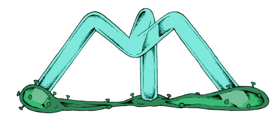 Illustration of a turquoise coloured, three-legged molecular structure that stands strong and tall whilst crushing a deflated dark-green viral husk. The husk has small dots sticking out from its skin like nails.