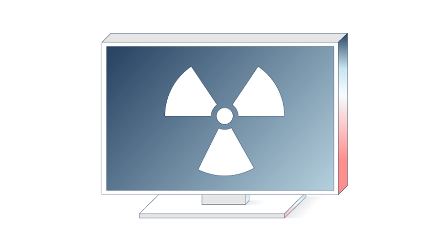 Illustration of a computer screen with a radiation icon depicted on it. 