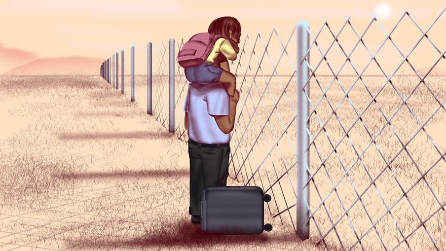 Illustration of a person with a child on his shoulders looking over a fence in a vast sand coloured landscape. Next to them is a small suitcase. 