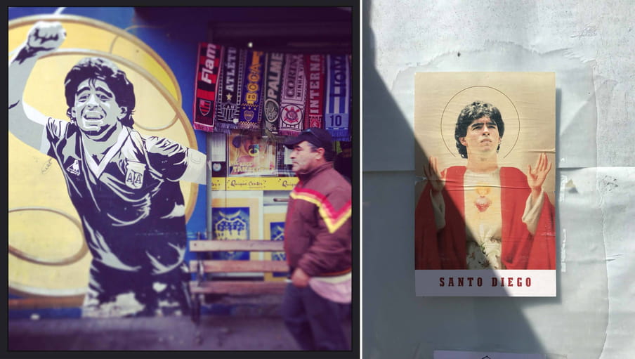 Two photographs. On the left there is a graffiti of Maradona on a wall in Buenos Aires, with a man walking in front of it. On the right there is a small poster in Naples mimicking religious images of saints. It says Santo Diego (Saint Diego) at the bottom.