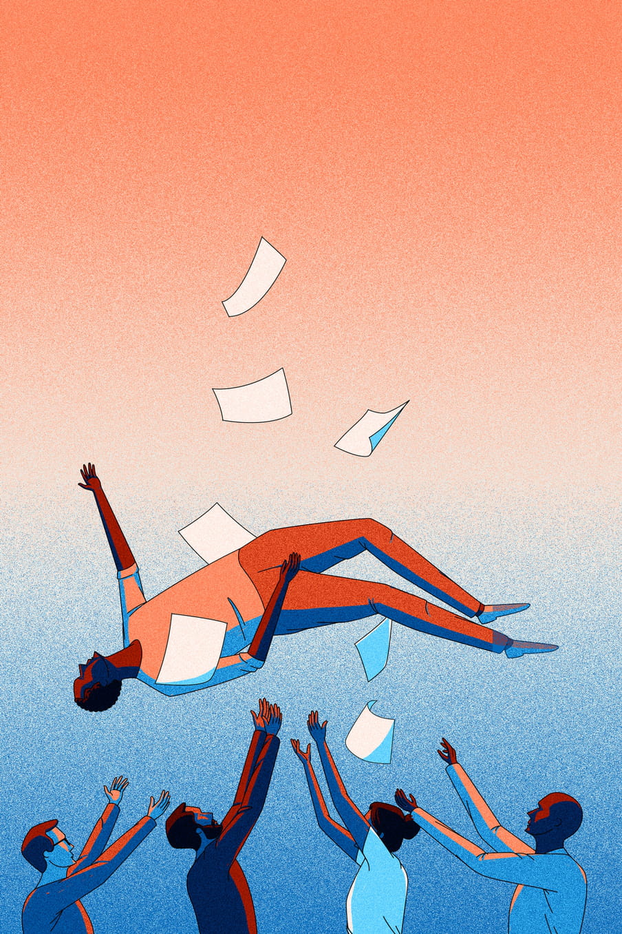 Illustration of a man falling from the sky, surrounding by paper. Four people underneath him have their hands up, either catching them or trowing him back up. The top of the background is orange with a gradient into blue at the bottom. 