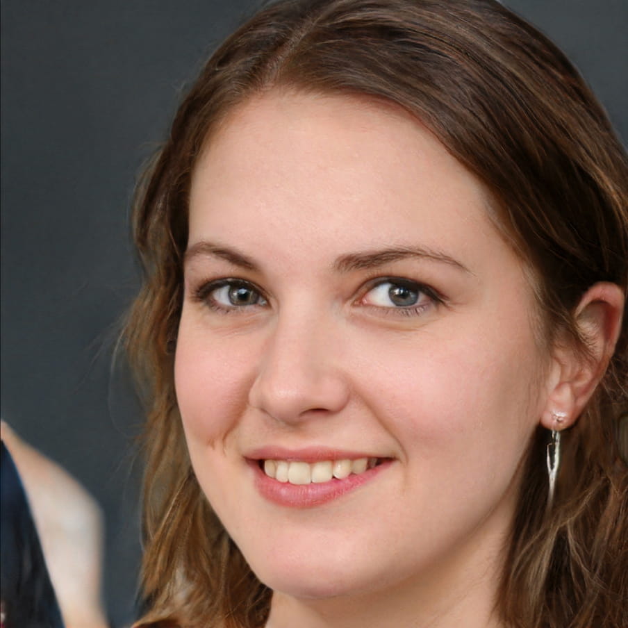 AI-generated portrait of a young woman with blue eyes and brown hair.