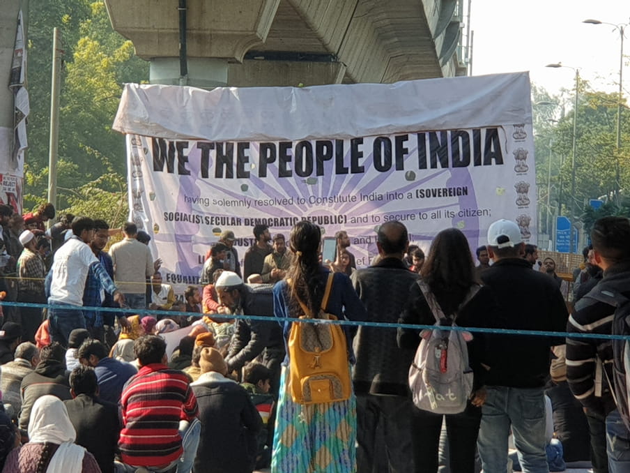 A snapshot of a protesting crowd outside Jamia Millia Islamia University in New Delhi, India