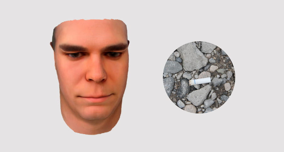 Photo of a 3D printed face of a man with white skin and brown eye colour on the left, circle containing a picture of a cigarette bud lying on rocks on the street - against a grey background