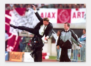 Van Gaal as Ajax manager doing a karate kick in the 1995 Champions’ League against AC Milan. Photo: Robert Jaeger/ANP