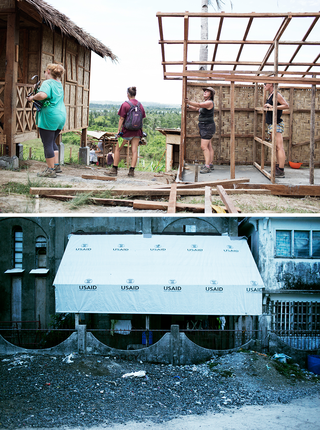 Western volunteers help build new, temporary housing close to Tacloban. Pieter van den Boogert for The Correspondent