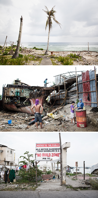 Above: What is left of the surf resort in Sulangan.  Middle: A freighter stranded during the storm is scrapped in the Anibong district.  Below: A sign alerts the public to the no-build zone.  Pieter van den Boogert for The Correspondent