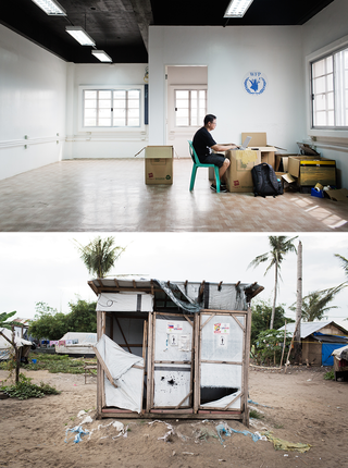 Above:  The World Food Program offices in Tacloban are all packed; the humanitarian phase is over.  Below:  The public bathroom facilities in the tent camp in neighborhood 88.  Pieter van den Boogert for The Correspondent