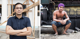 Left: Jerry Yaokasin, Vice Mayor of Tacloban. Right: Amel Amosco, who lives in the Anibong district of Tacloban. The district now calls itself "Yolanda Village."  Amosco works dismantling a freighter the storm washed ashore.  Pieter van den Boogert
