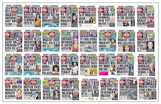32 front pages of the Daily Express, a British tabloid.