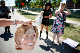 A protestor dons a Hillary Clinton mask during a march and rally in Denver on the 26th of August, 2008. Photo: Damon Winter / The New York Times