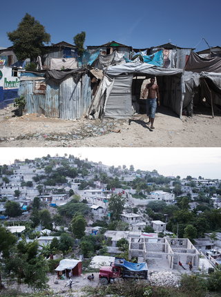 Top: Some 80,000 people are still living in IDP camps like this one. Below: Most Haitians choose not to paint their houses in order to avoid paying taxes on them. Photos by Pieter van den Boogert