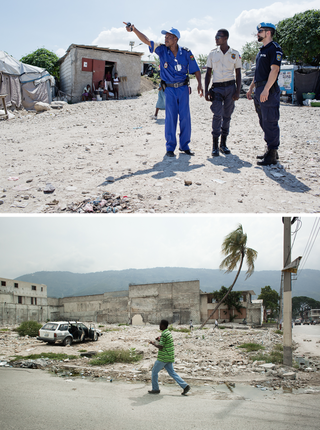 Top: Haitian police officers patrol in Caradeux, accompanied by their U.N. trainers. Below: In many areas of Port-au-Prince, the rubble has yet to be replaced with new buildings. People sometimes avoid rebuilding out of a fear of ghosts, in accordance with their Vodou religion. Photos by Pieter van den Boogert
