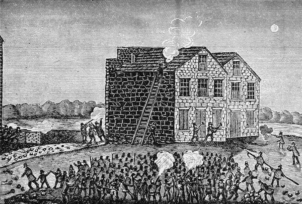 The mob attacking the warehouse of Godfrey Gilman & Co. in Alton, Illinois, on the night of November 7, 1837. Image courtesy of Internet Archive Book Images